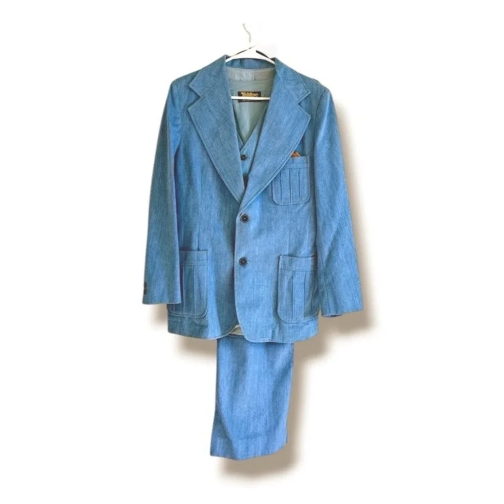 Tobias LA Men's VTG 70s Light Blue Denim Look Leisure Suit Three Piece Size 42 - Picture 1 of 16